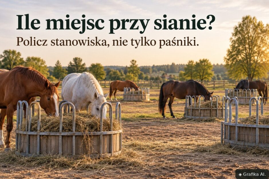 Konie jedzące siano przy kilku paśnikach z dodatkowym wolnym miejscem – ilustracja AI